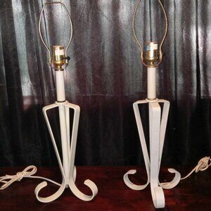 Vintage Midcentury Modern Minimalist White Power Coated Cast Iron Lamps Set of 2